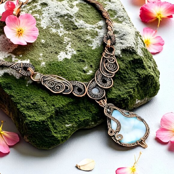 Handmade ✦ Full Wire Wrap Larimar & Quartz Necklace ✦ Artisan Copper Statement - Picture 3 of 9